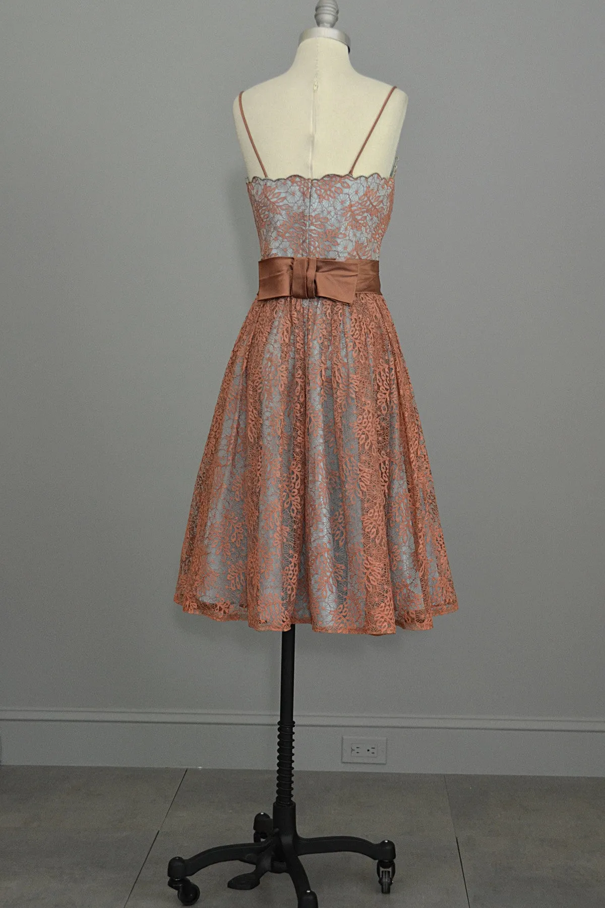 1950's 60's Vintage Lace Prom Party Dress Terra Cotta Lace over Aqua Taffeta