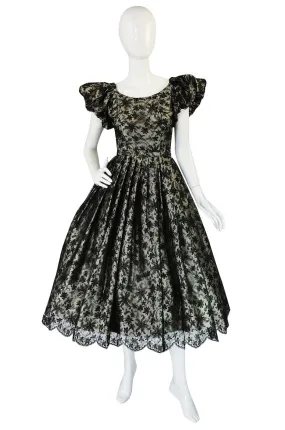 1950s Puff Sleeve Lace and Silk Cocktail Dress