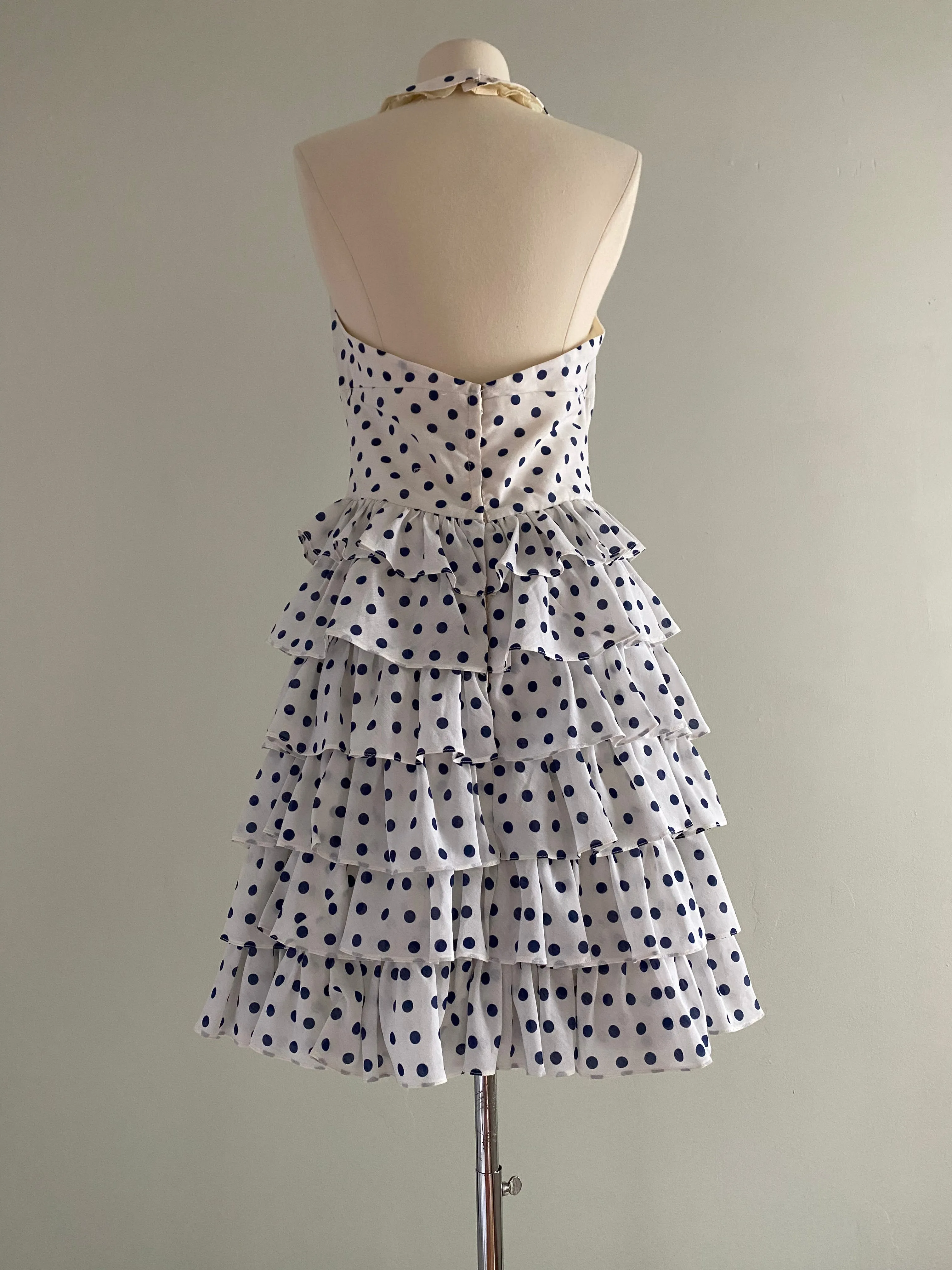 1970's Navy Blue and White Cotton Polka Dot Party Dress / Sz S