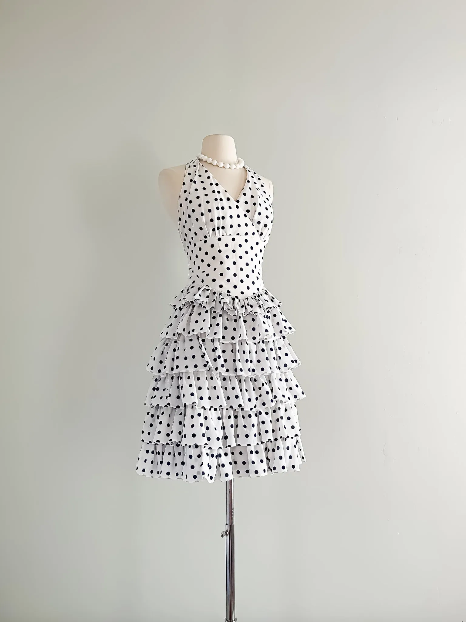 1970's Navy Blue and White Cotton Polka Dot Party Dress / Sz S