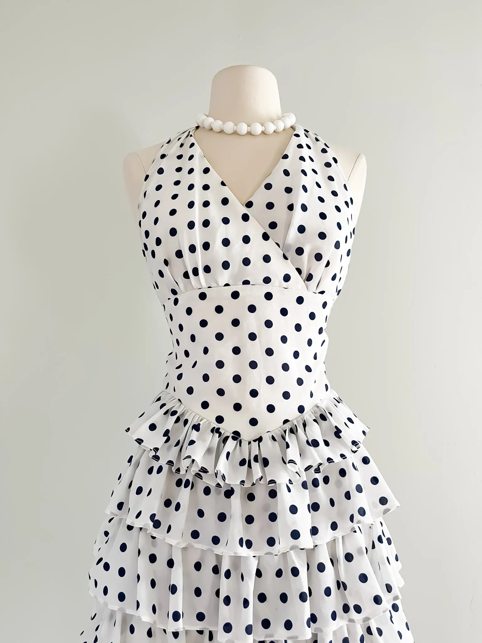 1970's Navy Blue and White Cotton Polka Dot Party Dress / Sz S