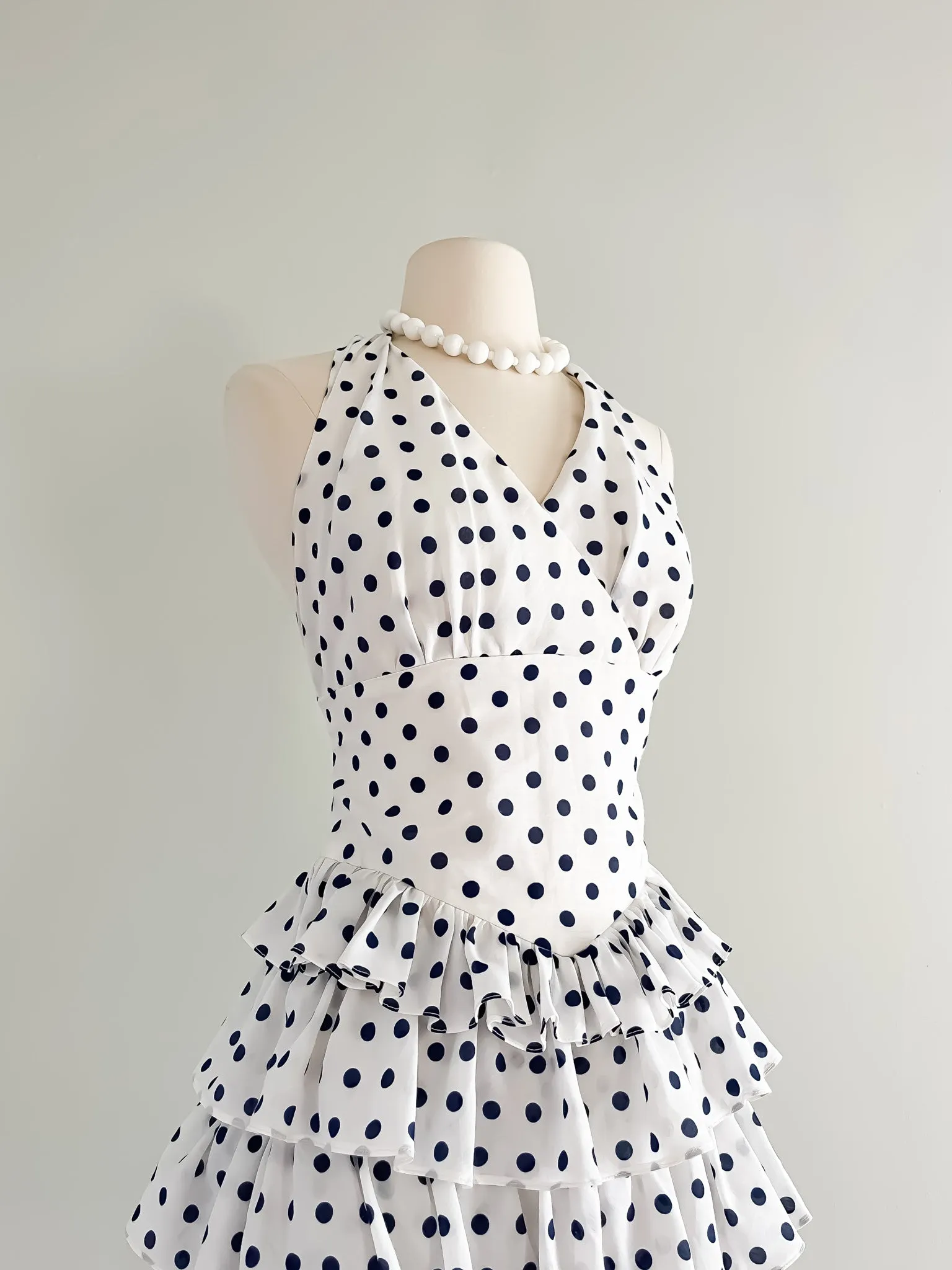 1970's Navy Blue and White Cotton Polka Dot Party Dress / Sz S