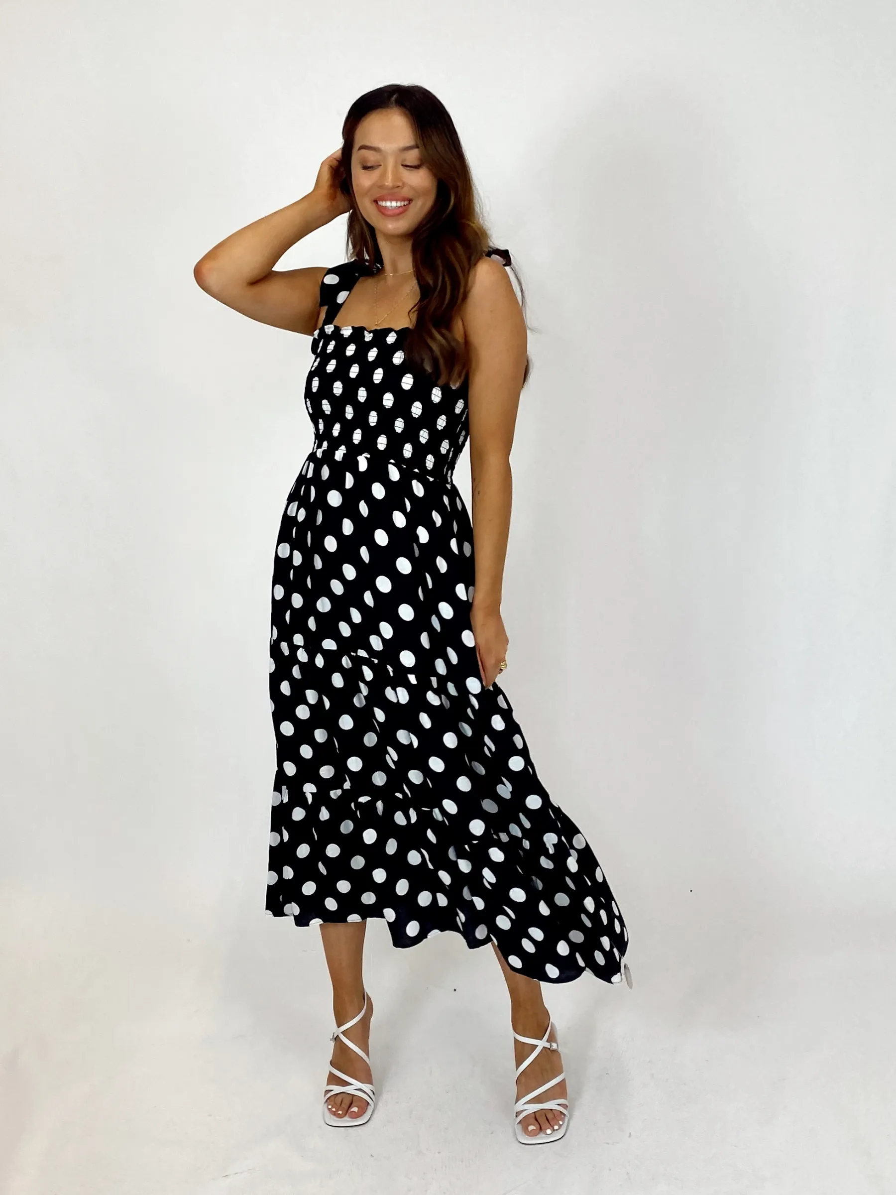 Alexia Shirred Tie Strap Midi Dress / Mono Spot