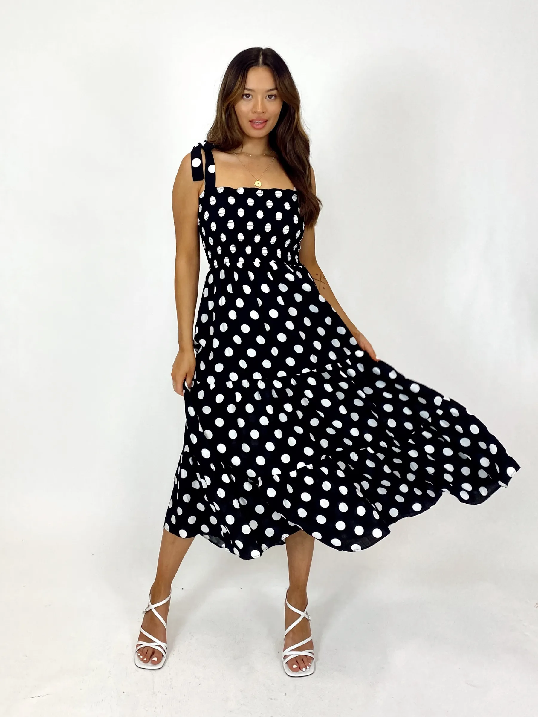 Alexia Shirred Tie Strap Midi Dress / Mono Spot