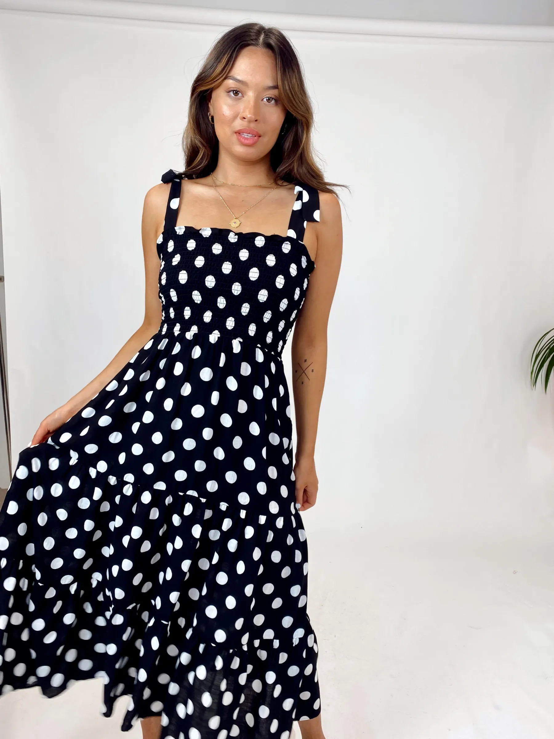 Alexia Shirred Tie Strap Midi Dress / Mono Spot