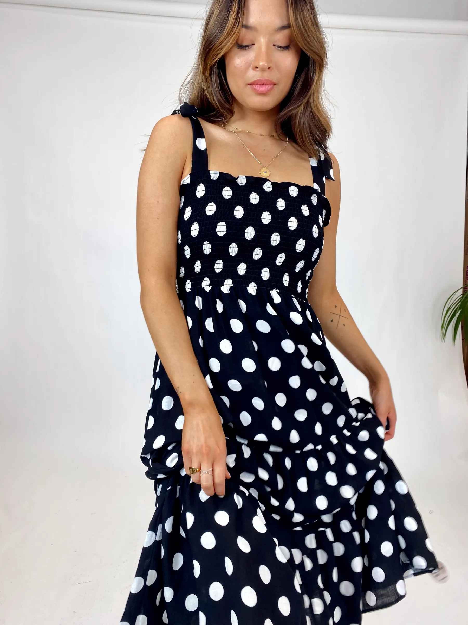 Alexia Shirred Tie Strap Midi Dress / Mono Spot