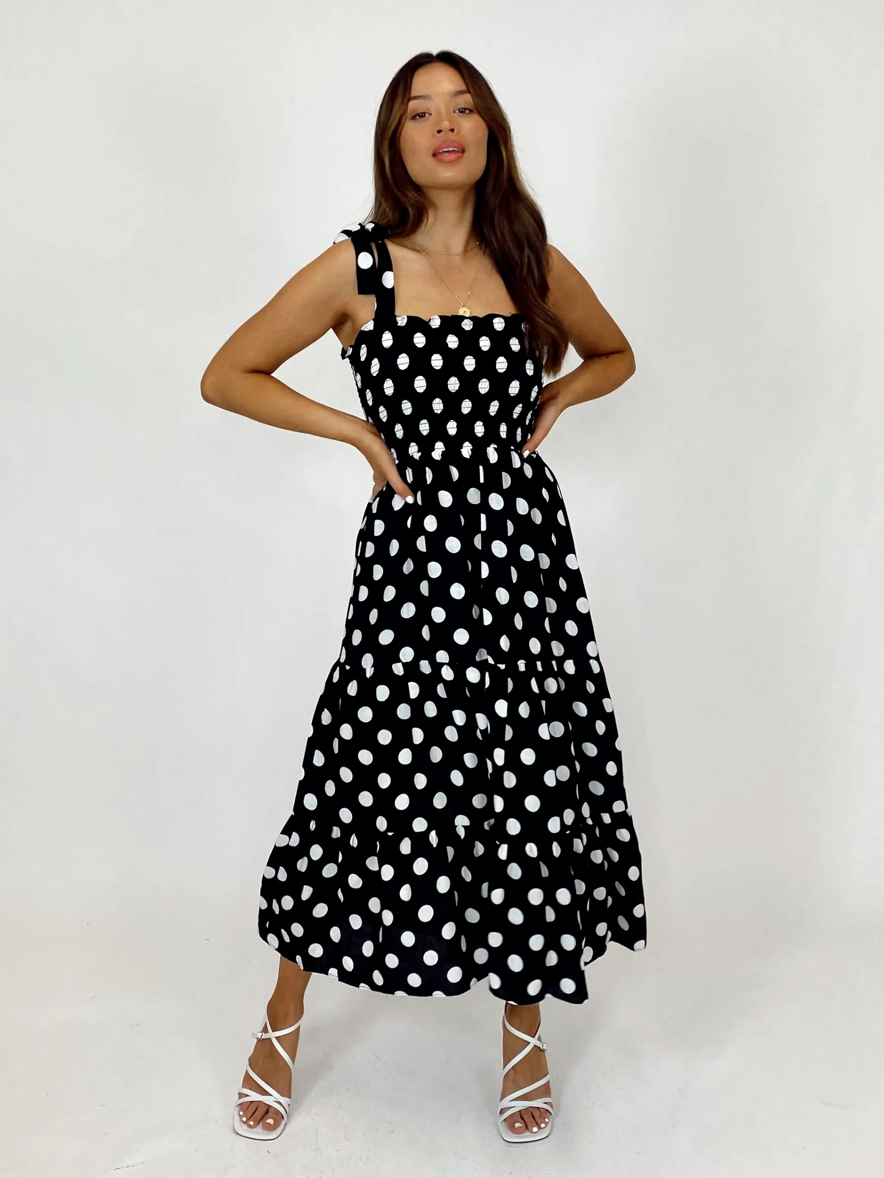 Alexia Shirred Tie Strap Midi Dress / Mono Spot