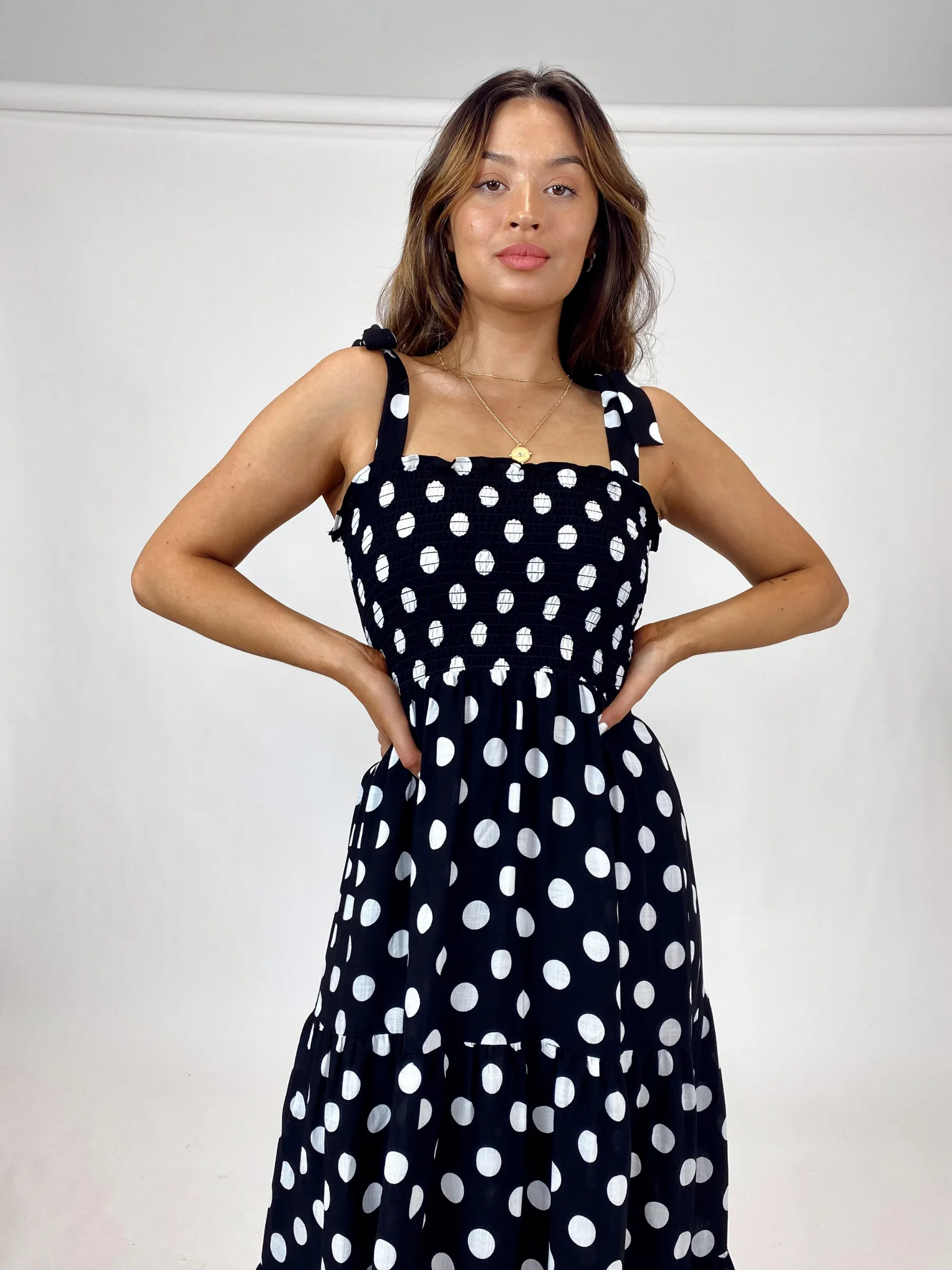 Alexia Shirred Tie Strap Midi Dress / Mono Spot