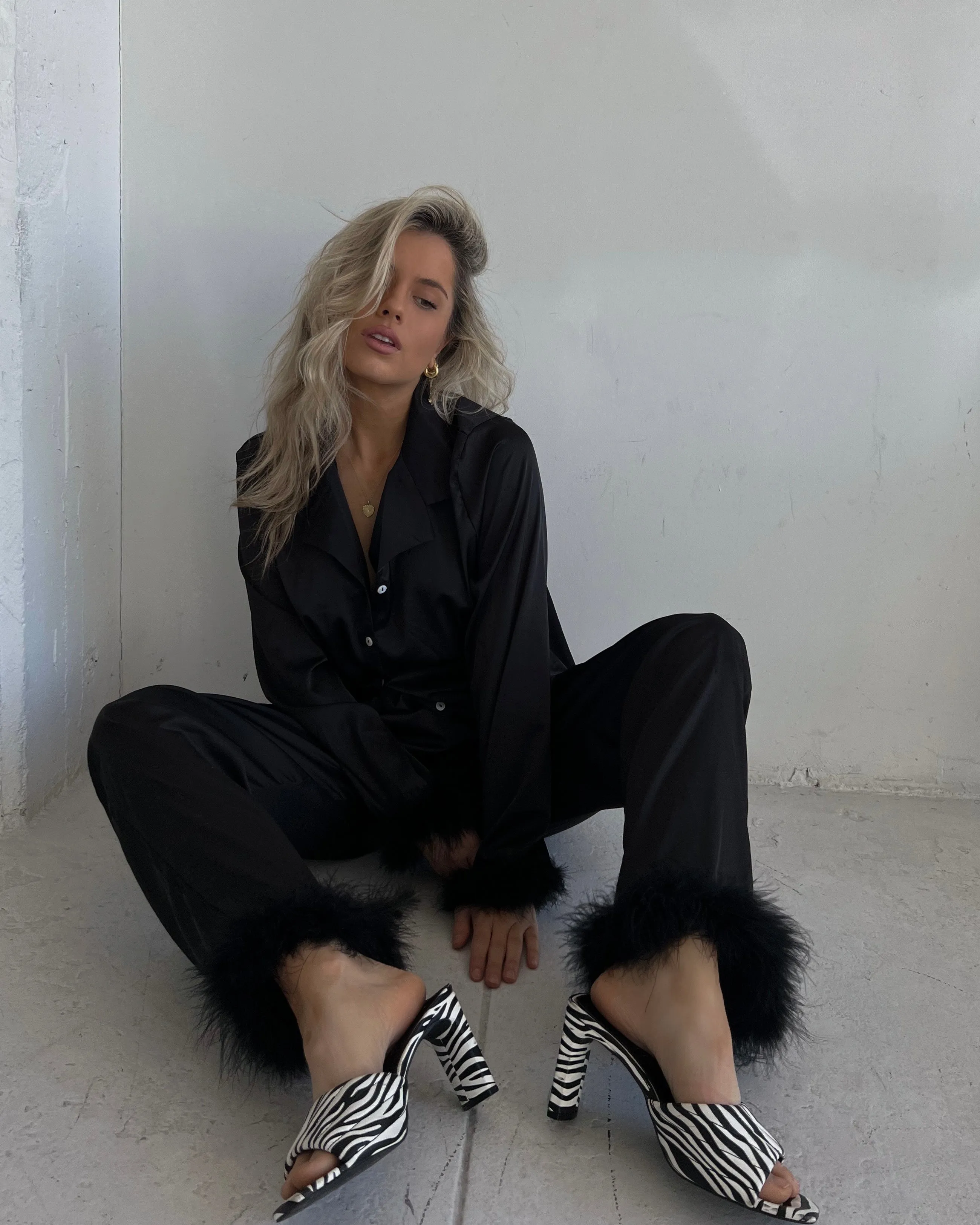 BLACK MARABOU TRIM PAJAMA SET