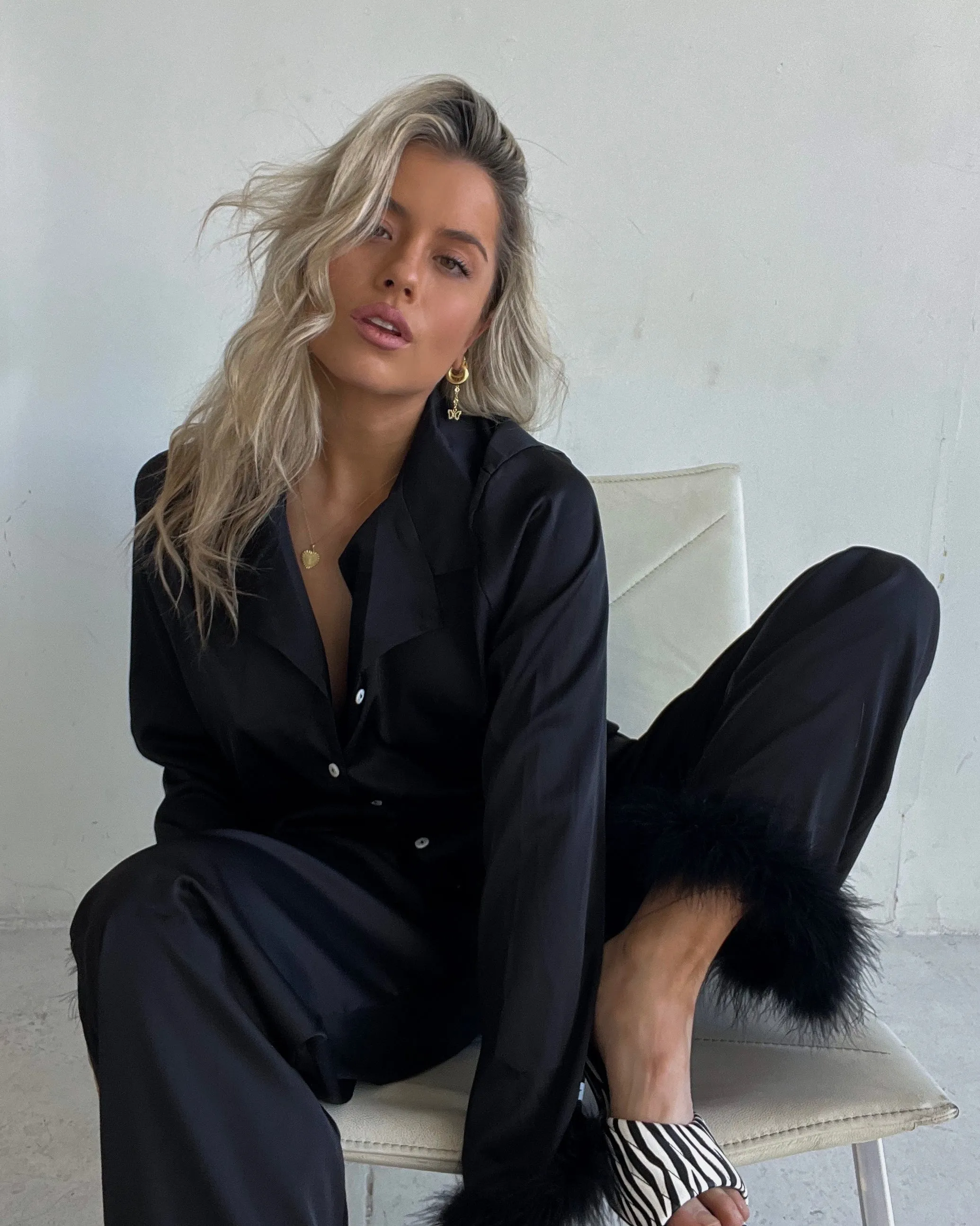 BLACK MARABOU TRIM PAJAMA SET