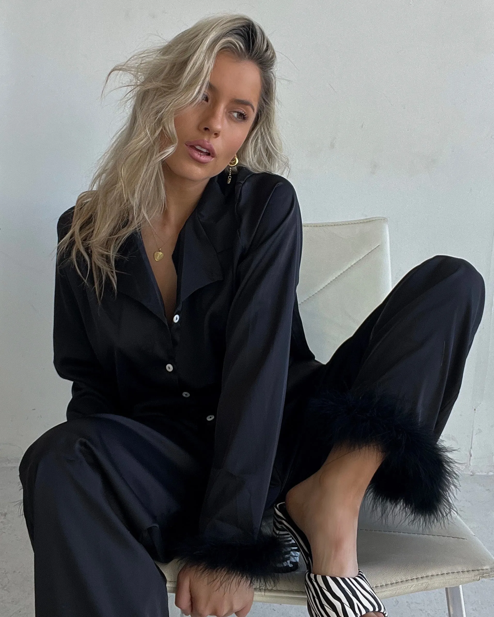 BLACK MARABOU TRIM PAJAMA SET