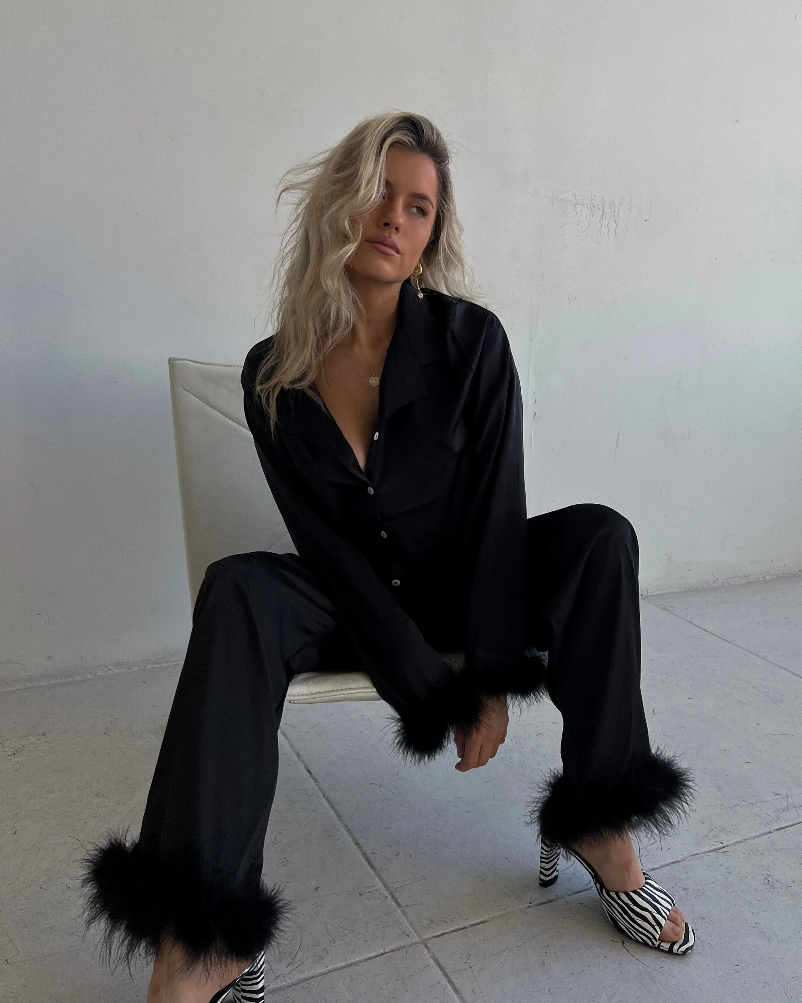 BLACK MARABOU TRIM PAJAMA SET