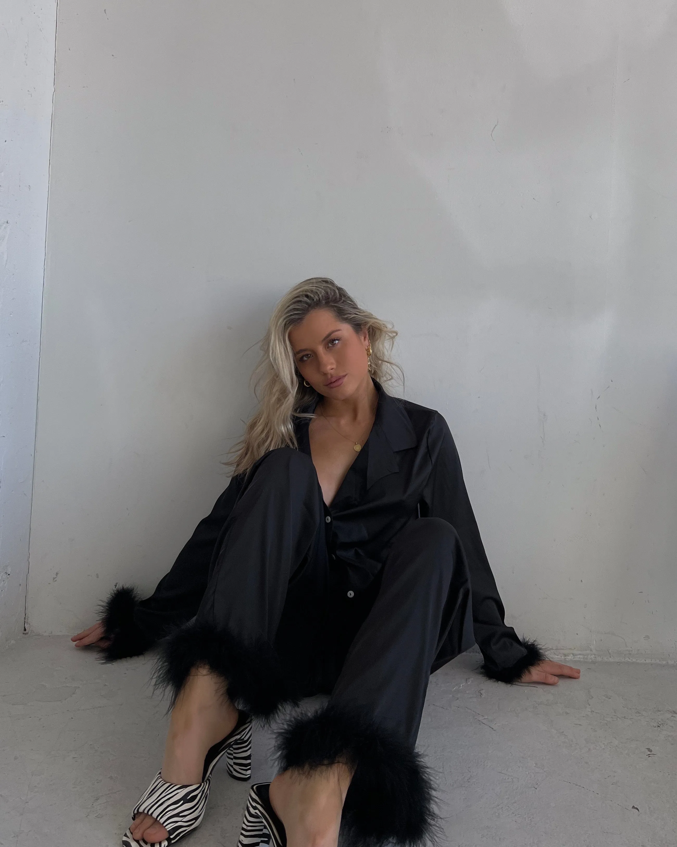 BLACK MARABOU TRIM PAJAMA SET