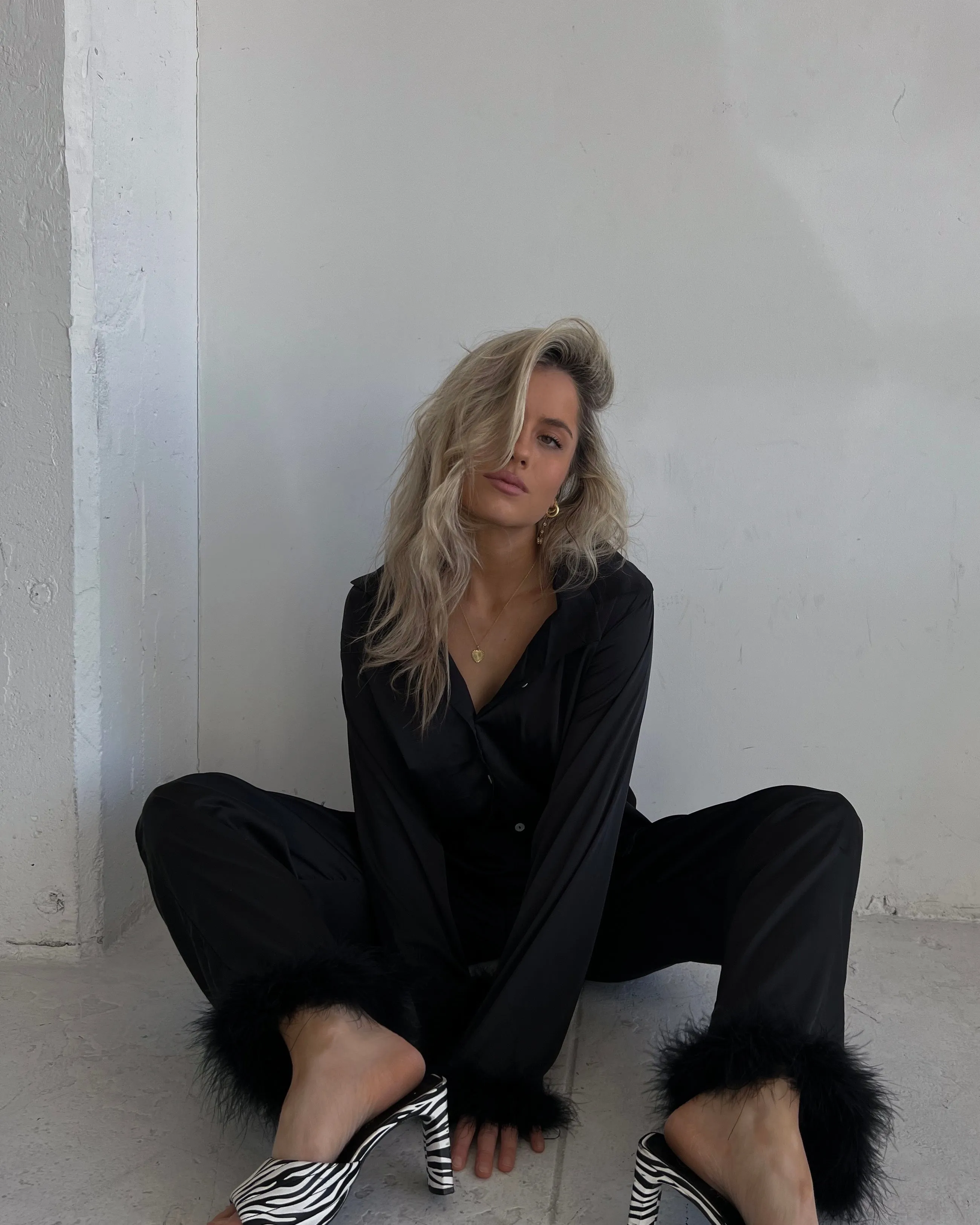 BLACK MARABOU TRIM PAJAMA SET