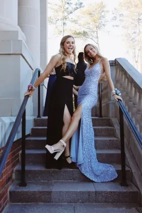 Blue Mermaid Sequins Spaghetti Straps V-neck Prom Dresses With Split, SP880