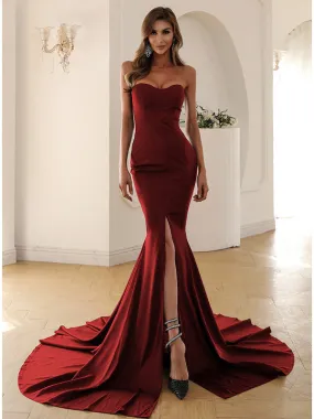 Burgundy Mermaid Simple Elegant Long Formal Evening Prom Dresses PD275