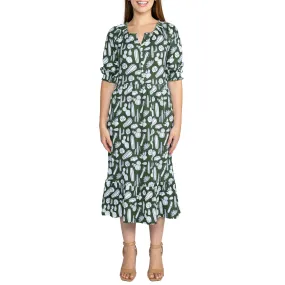 Cactus Plants Elastic Puff-Sleeved Tiered Midi Dress