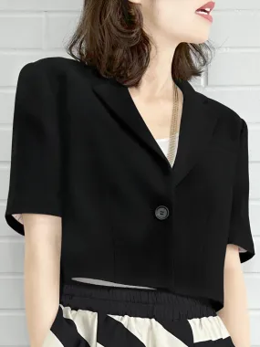 Classic Black Ruffle Detail Strong Shoulder Crop Blazer