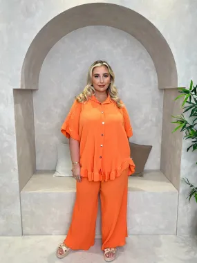 Curve Orange Ribbed Effect Wide Leg Trouser Set