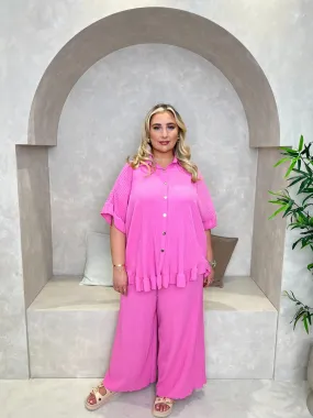 Curve Pink Ribbed Effect Wide Leg Trouser Set