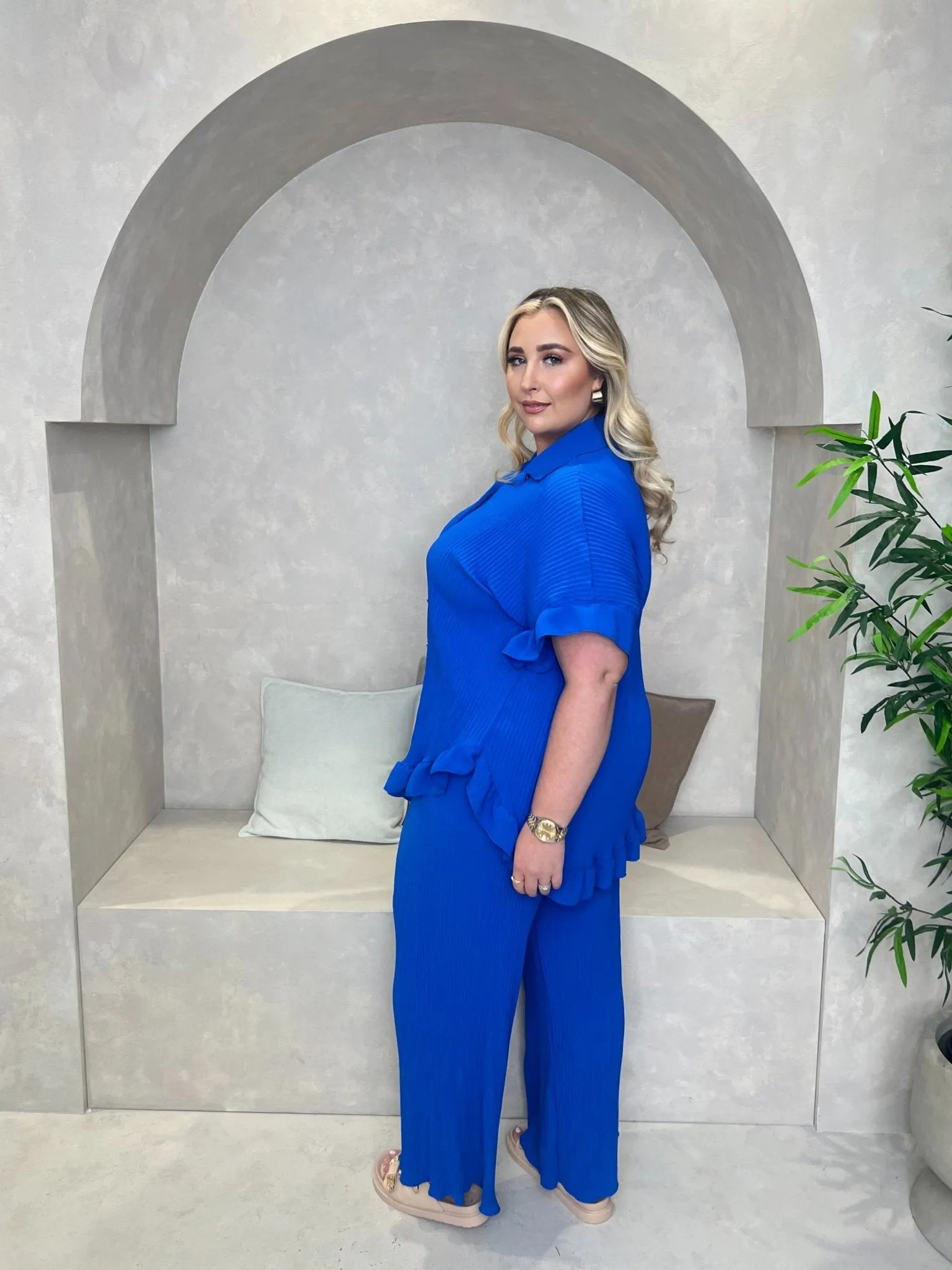 Curve Royal Ribbed Effect Wide Leg Trouser Set