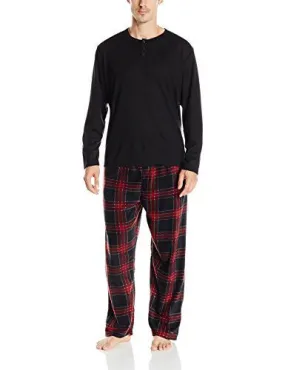 ESSENTIALS BY SEVEN APPAREL MEN'S LONG SLEEVE PAJAMA SET WITH FLEECE BOTTOM, BLACK/RED, SMALL