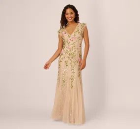 Floral Beaded Mermaid Gown With Flutter Cap Sleeves In Light Champagne