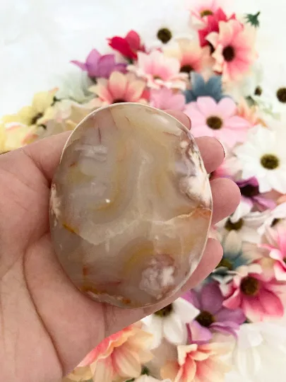 Flower Agate Palmstone,Cherry Blossom Agate,Worry Stone,Polished Agate Crystal,Stone of Dreamers,Gemstone for Self Growth,Pocket Stone