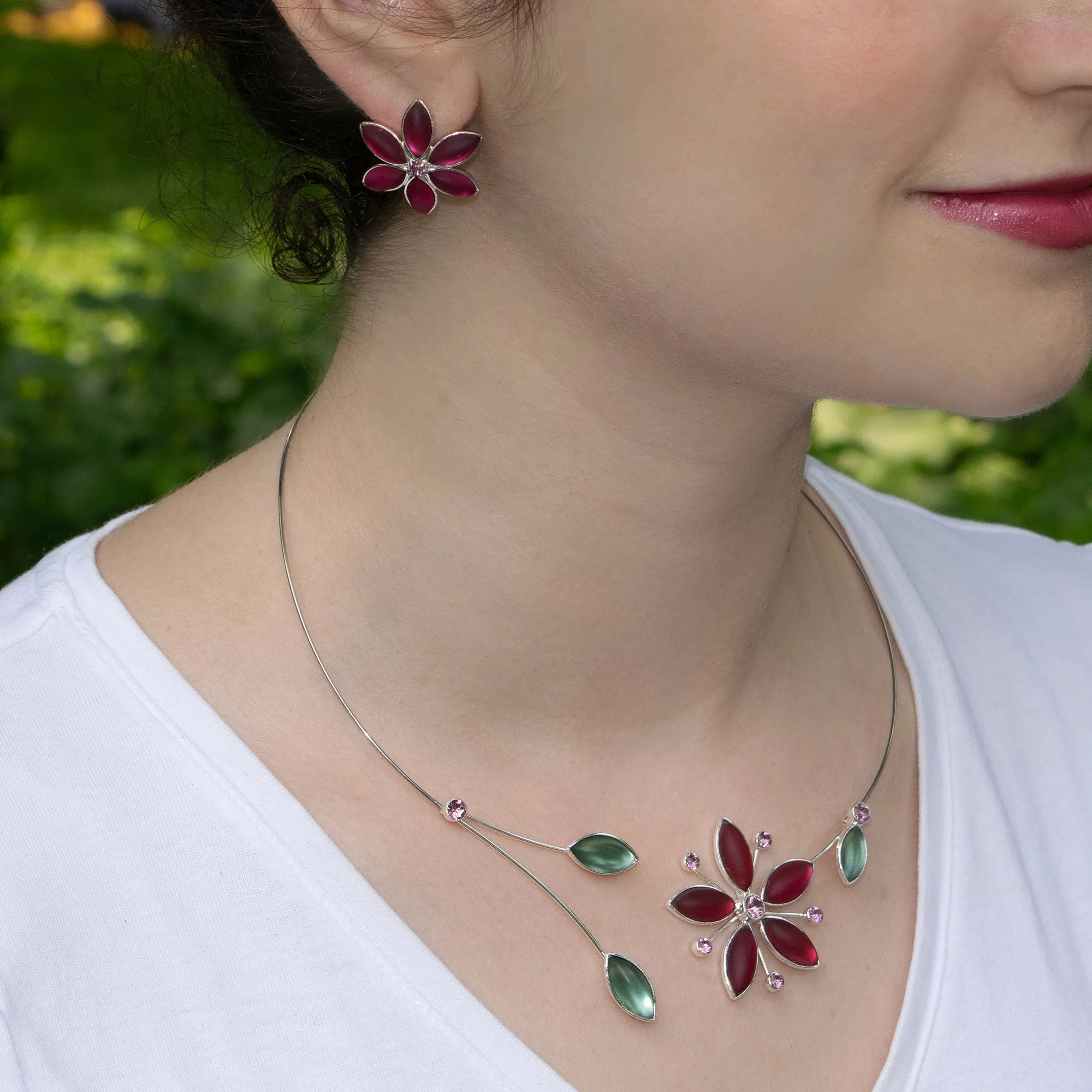 Fuchsia and Sage Green Cherry Blossom Necklace