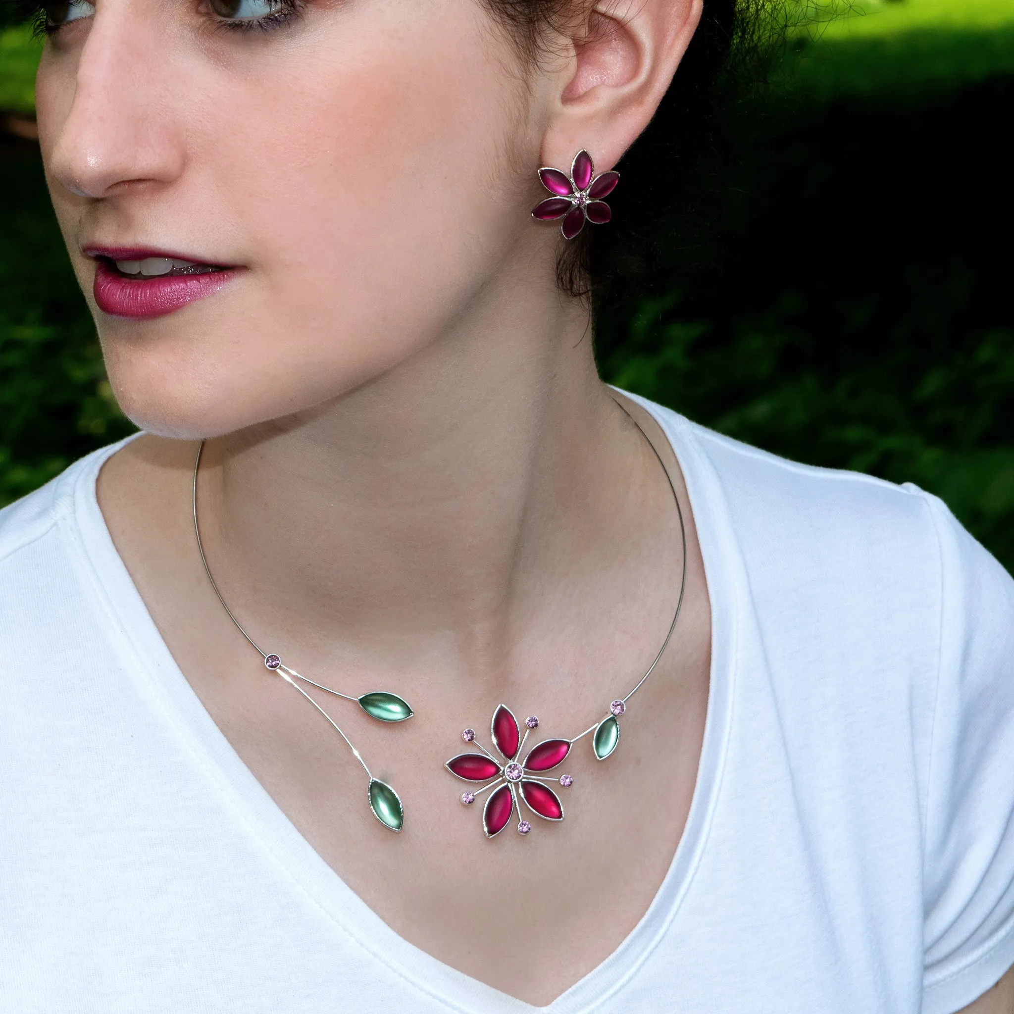 Fuchsia and Sage Green Cherry Blossom Necklace