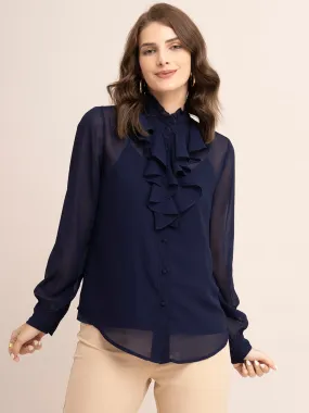 Georgette Solid Ruffle Shirt - Navy Blue