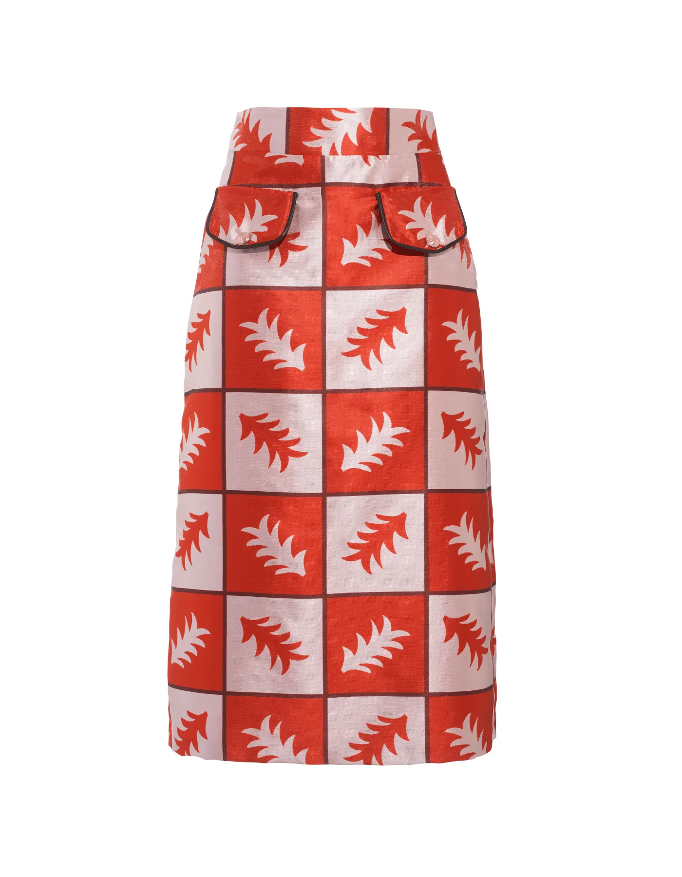 Iona Red White Fern Print Silk Jacquard Skirt