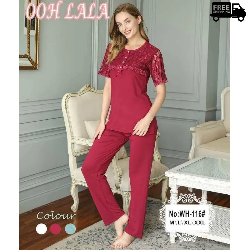 Lace Trim Cotton Sleepwear Smooth Pajama set