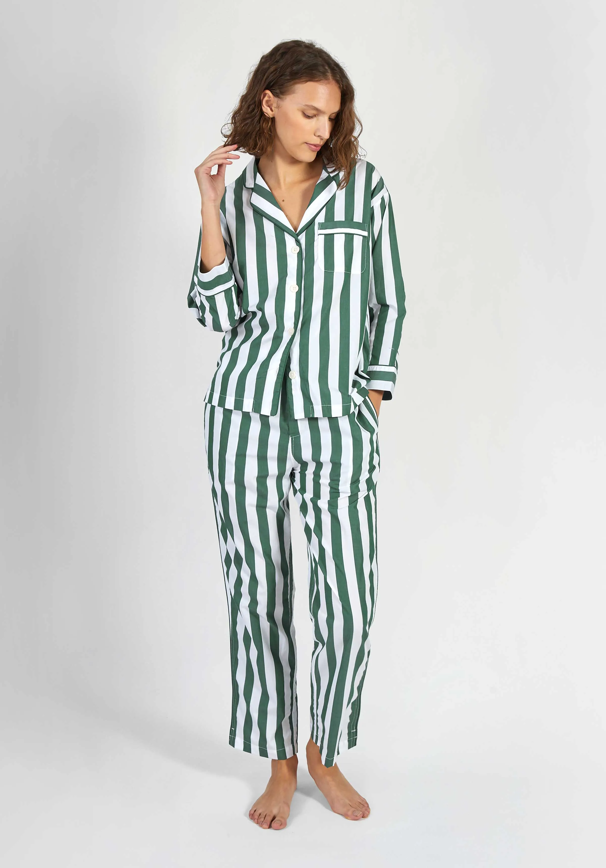 Marina Pajama Set in Green & White Tent Stripe