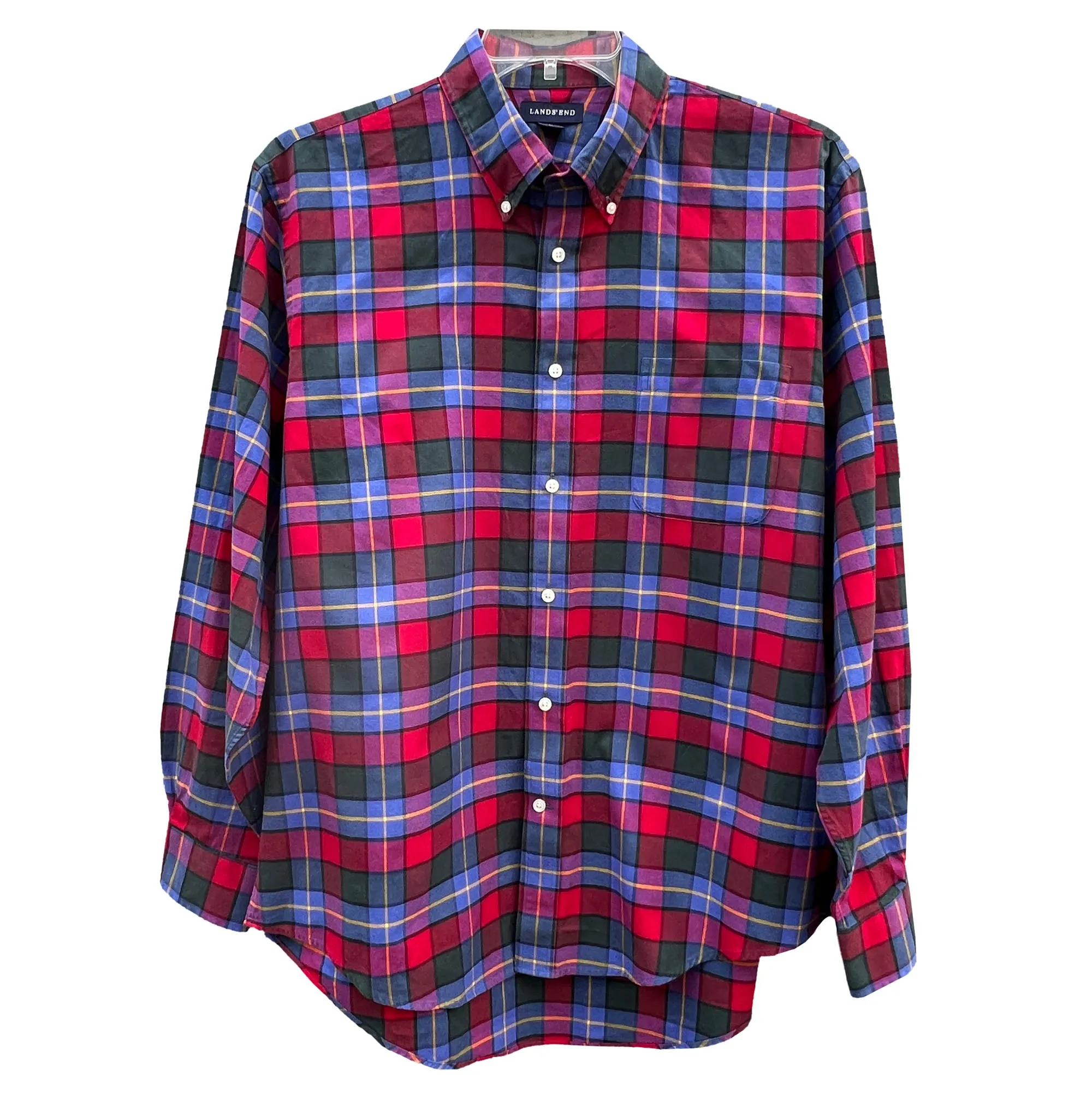 Men's Lands' End Red Plaid Brushed Cotton Shirt - Large - Button Down