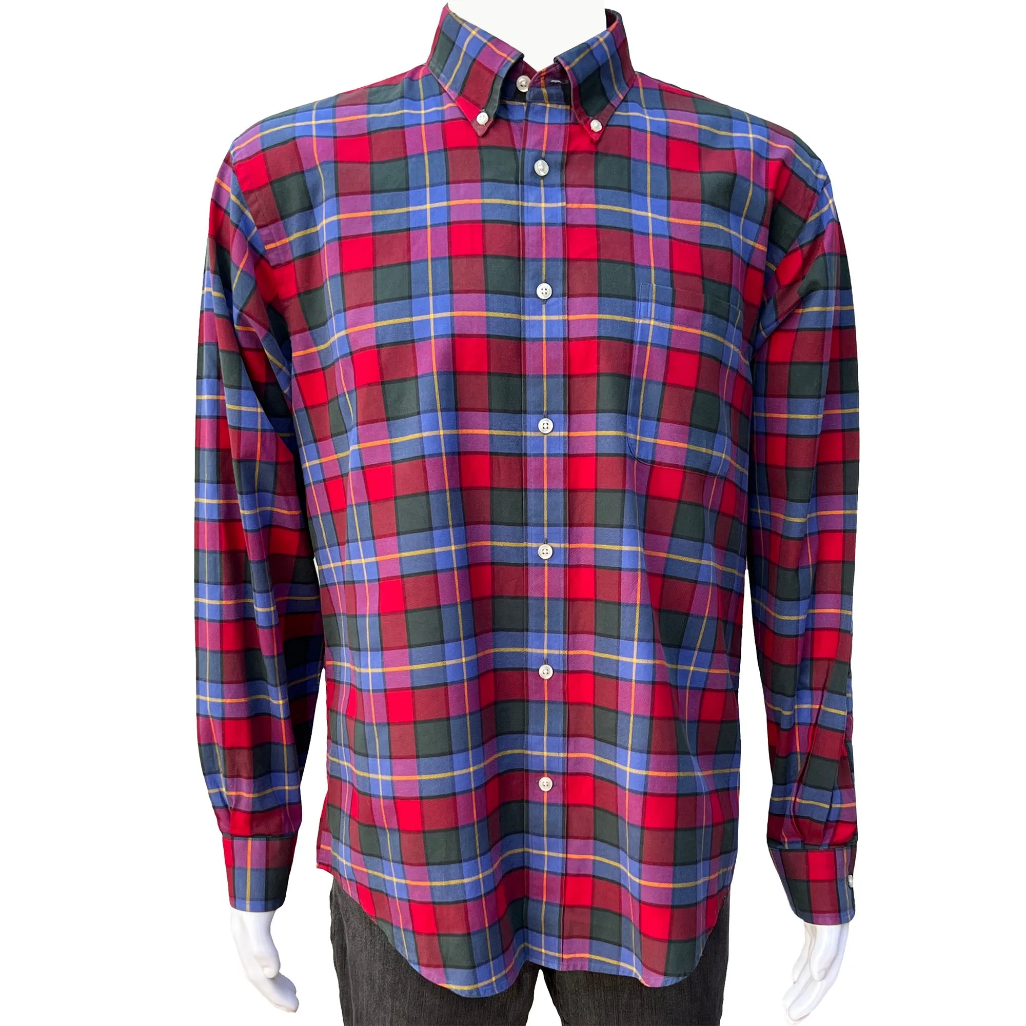 Men's Lands' End Red Plaid Brushed Cotton Shirt - Large - Button Down