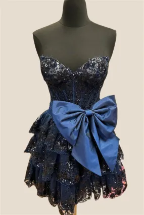 Navy Blue Appliques Ruffle Short Dress with Bow