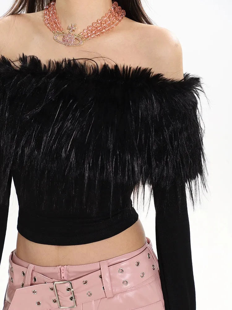 Off-Shoulder Faux Feather Fringe Knit Top