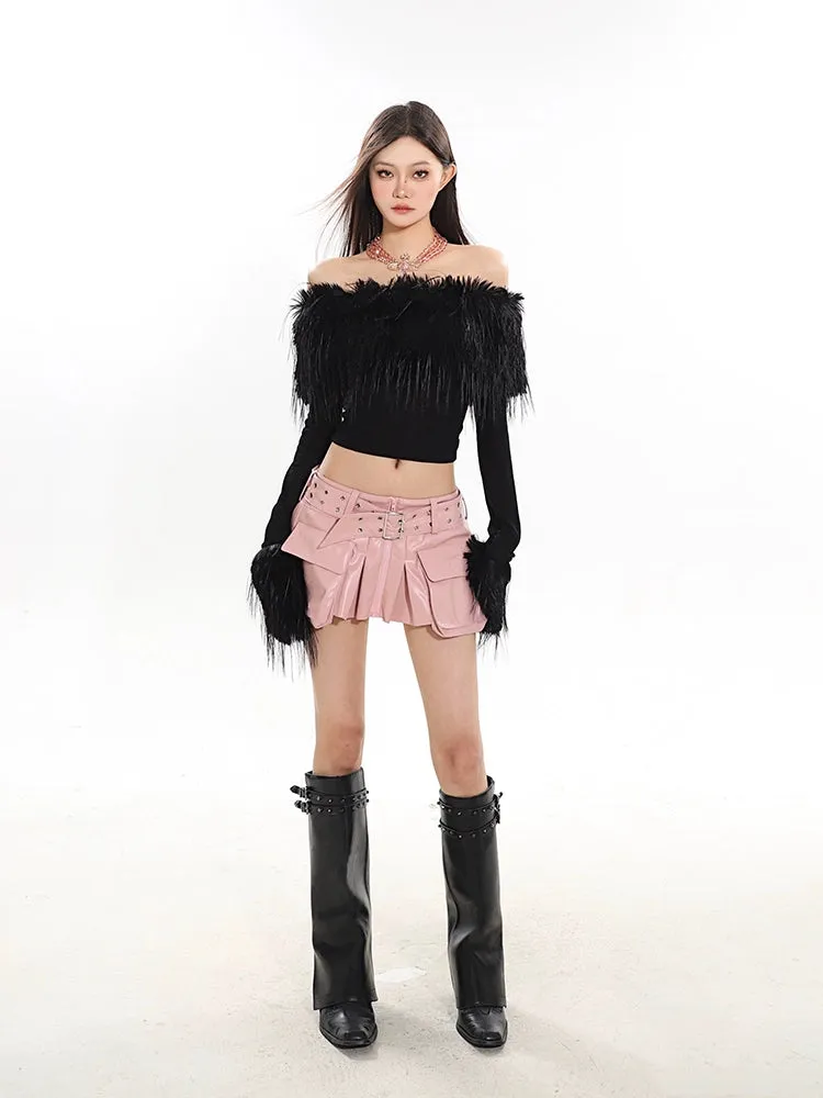 Off-Shoulder Faux Feather Fringe Knit Top