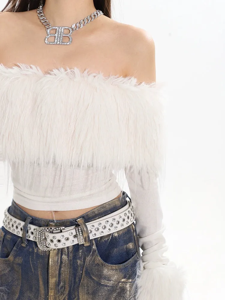 Off-Shoulder Faux Feather Fringe Knit Top