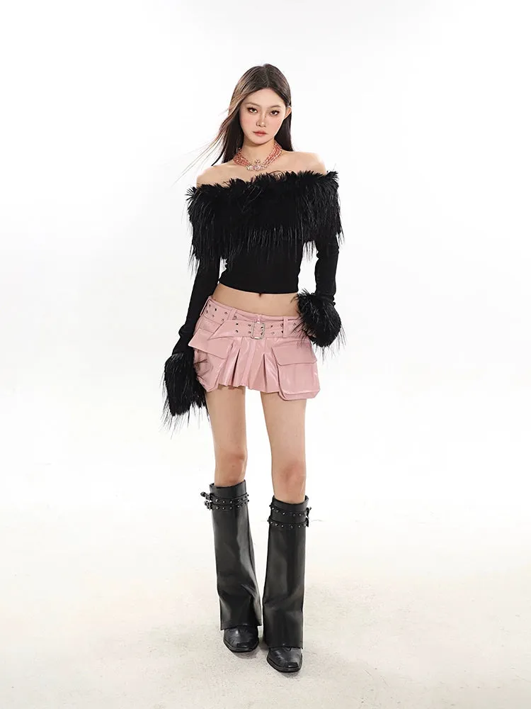 Off-Shoulder Faux Feather Fringe Knit Top