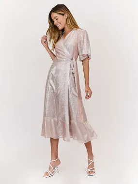 Peyton Angel Sleeve Blush Metallic Wrap Midi Dress