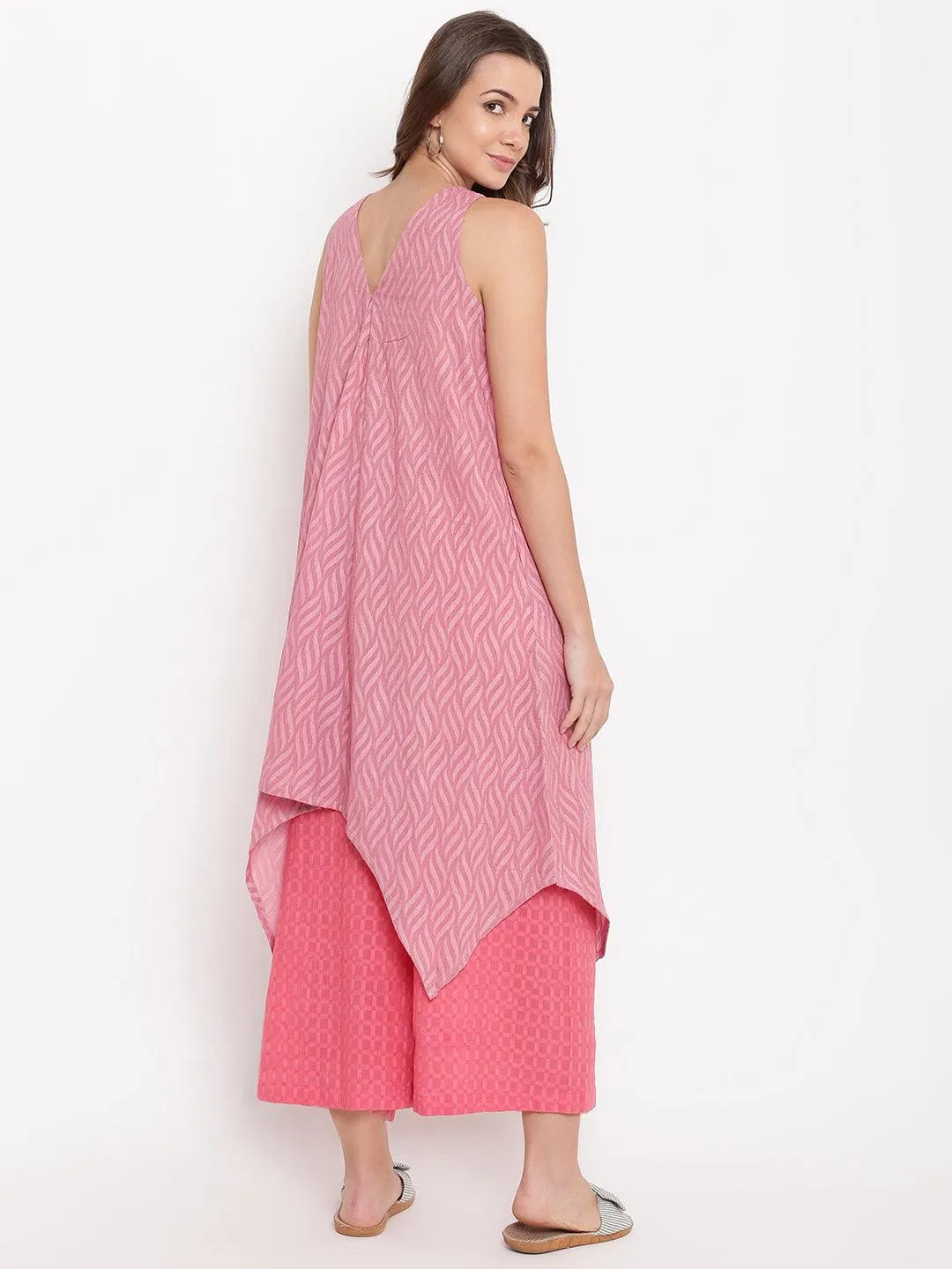 Pink Dobby V-Asymmetric Kurta- Contrast Palazzo