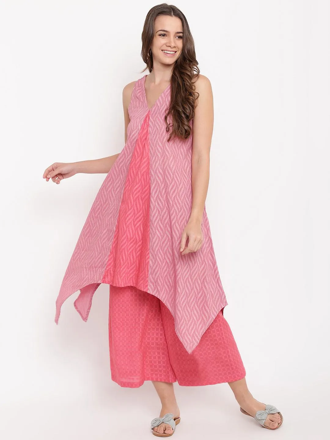 Pink Dobby V-Asymmetric Kurta- Contrast Palazzo