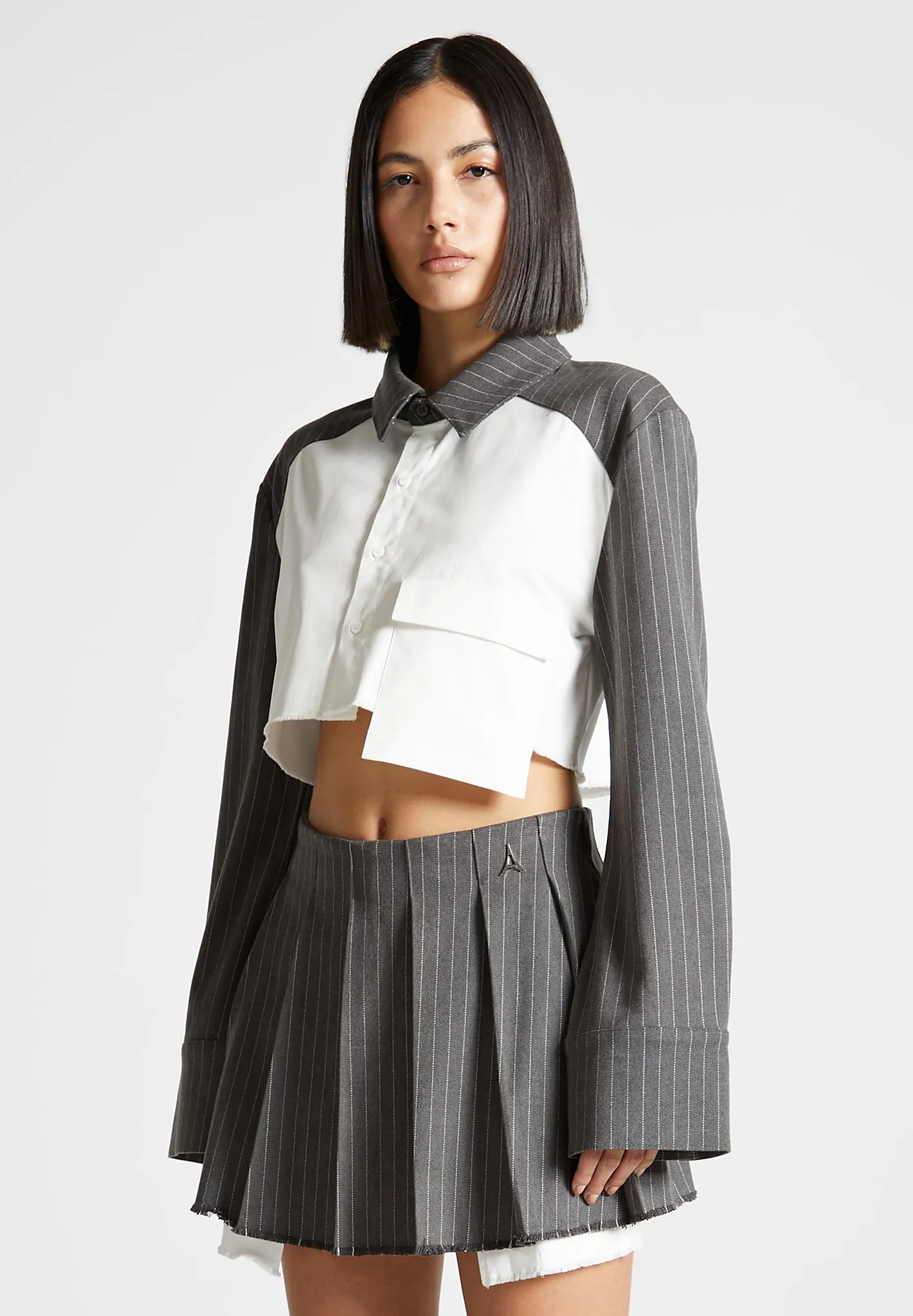 Pinstripe Contrast Cropped Shirt - Grey