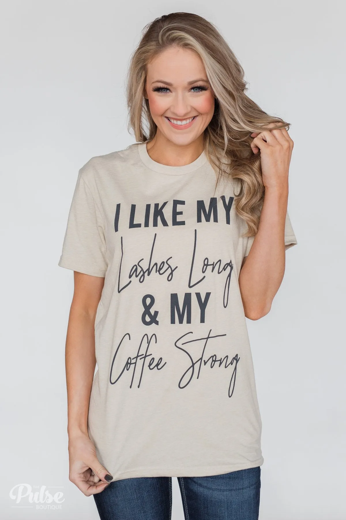 "Lashes Long & Coffee Strong" Graphic Tee- Oatmeal