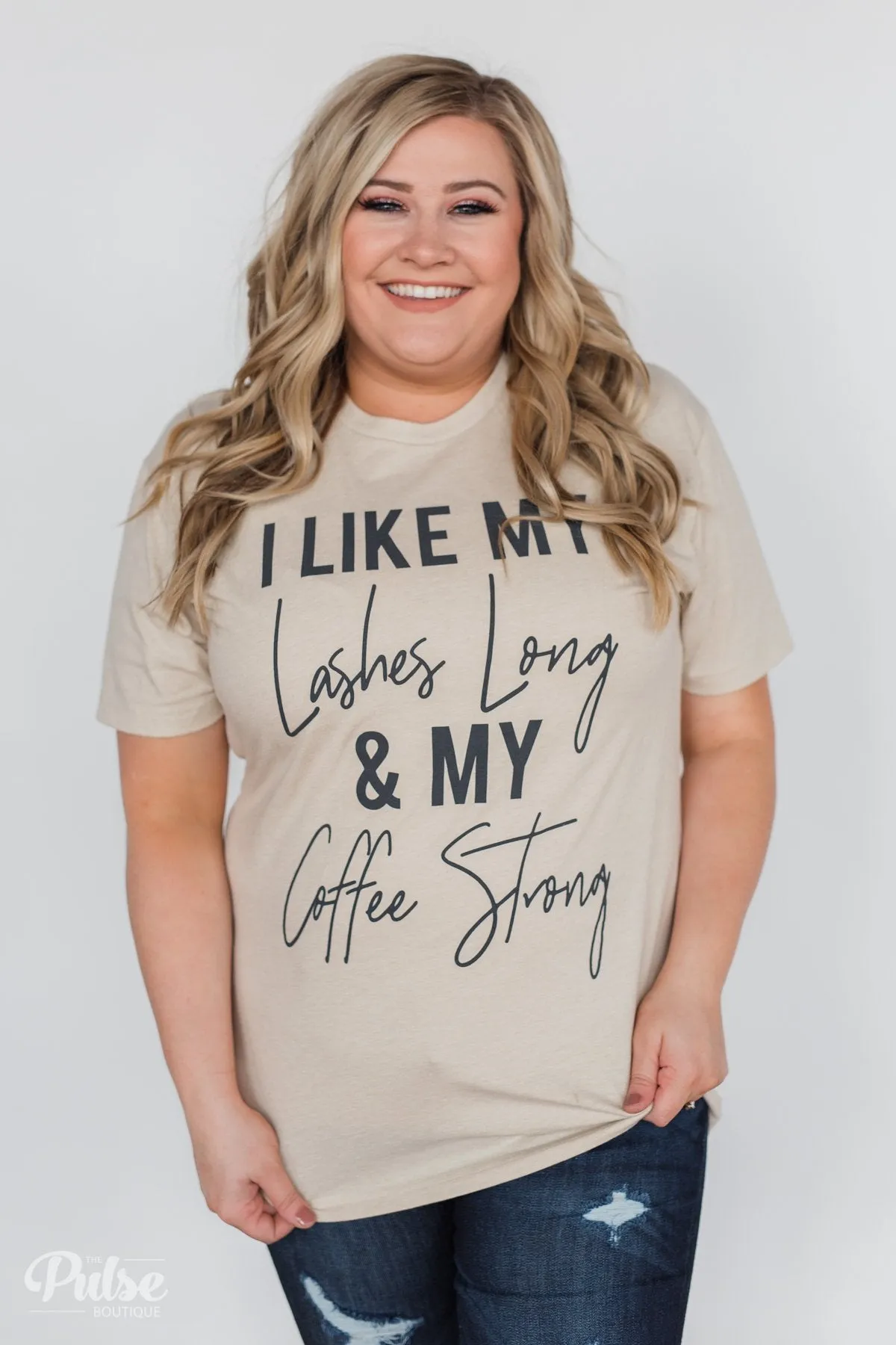 "Lashes Long & Coffee Strong" Graphic Tee- Oatmeal