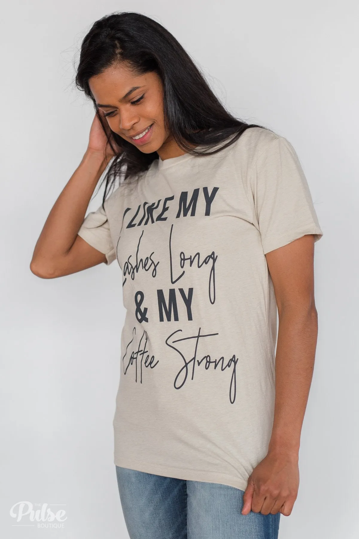 "Lashes Long & Coffee Strong" Graphic Tee- Oatmeal