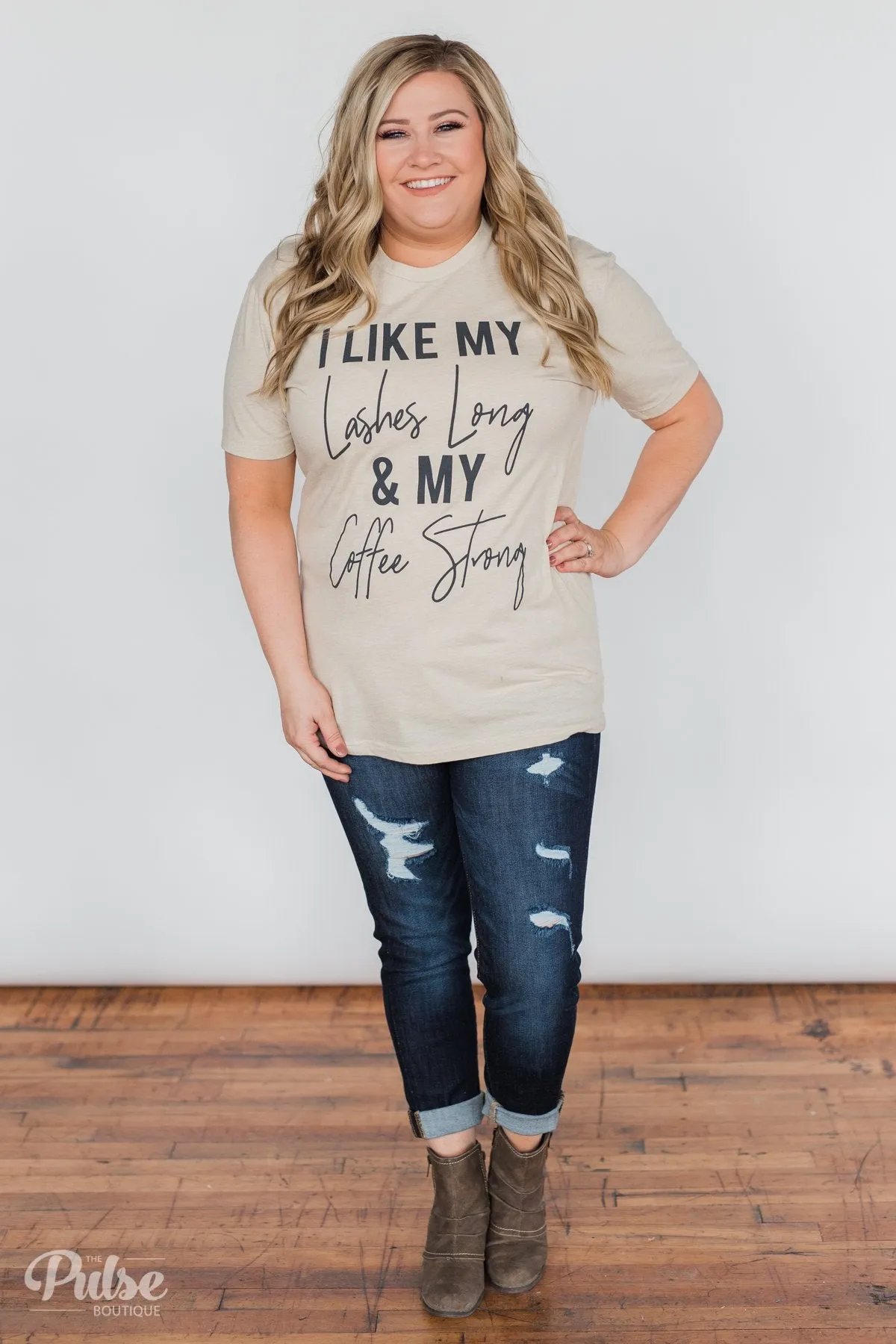 "Lashes Long & Coffee Strong" Graphic Tee- Oatmeal