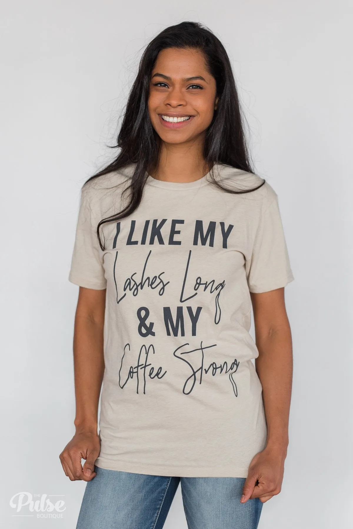 "Lashes Long & Coffee Strong" Graphic Tee- Oatmeal